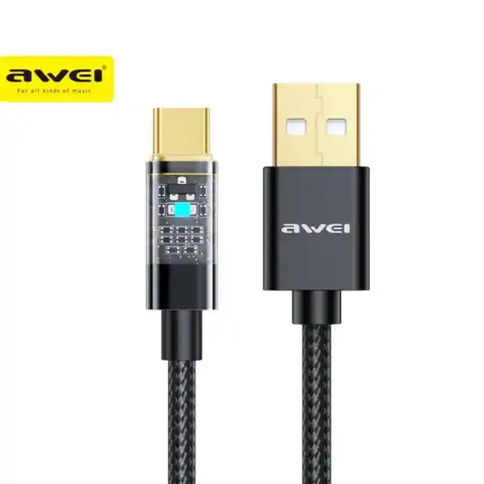 Awei CL-139T Type-C Smart Fast Charging Cable 1m Fast Data Transfer with LED Charging Indicator Fast Charge PD100W Strong and Flexible Braided Nylon Wire High Quality Material COD